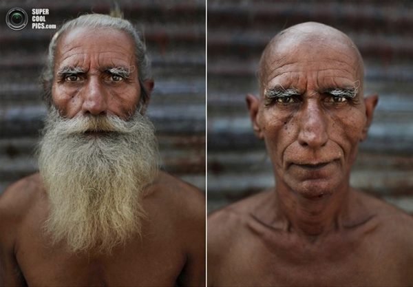 Portraits d'un sadhu avant et après l'initiation L'initiation d'un nouveau naga sadhu (saints ascétiques nus) a généralement lieu lors du festival Kumbh Mela à Allahabad, dans l'Uttar Pradesh, en Inde, et comprend notamment l'élimination de la plupart des cheveux. Le photographe local de l'Associated Press, Kevin Frayer, a décidé de capturer cette transformation dans des portraits «avant et après».