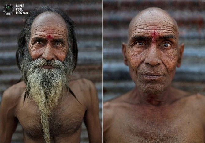Portraits d'un sadhu avant et après l'initiation  L'initiation d'un nouveau naga sadhu (saints ascétiques nus) a généralement lieu lors du festival Kumbh Mela à Allahabad, dans l'Uttar Pradesh, en Inde, et comprend notamment l'élimination de la plupart des cheveux. Le photographe local de l'Associated Press, Kevin Frayer, a décidé de capturer cette transformation dans des portraits «avant et après».